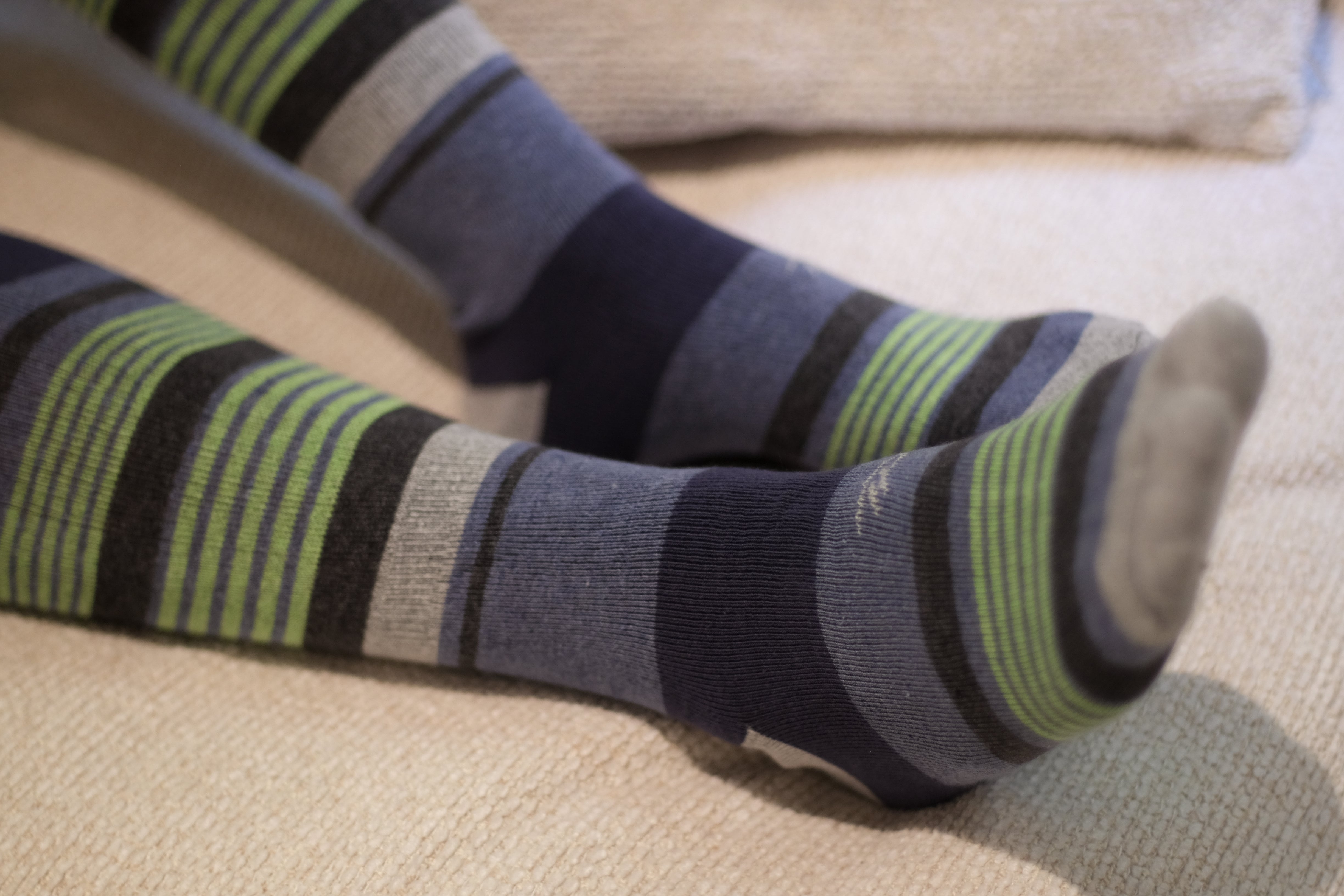 blue over the calf dress socks with light grey navy blue and light green stripes