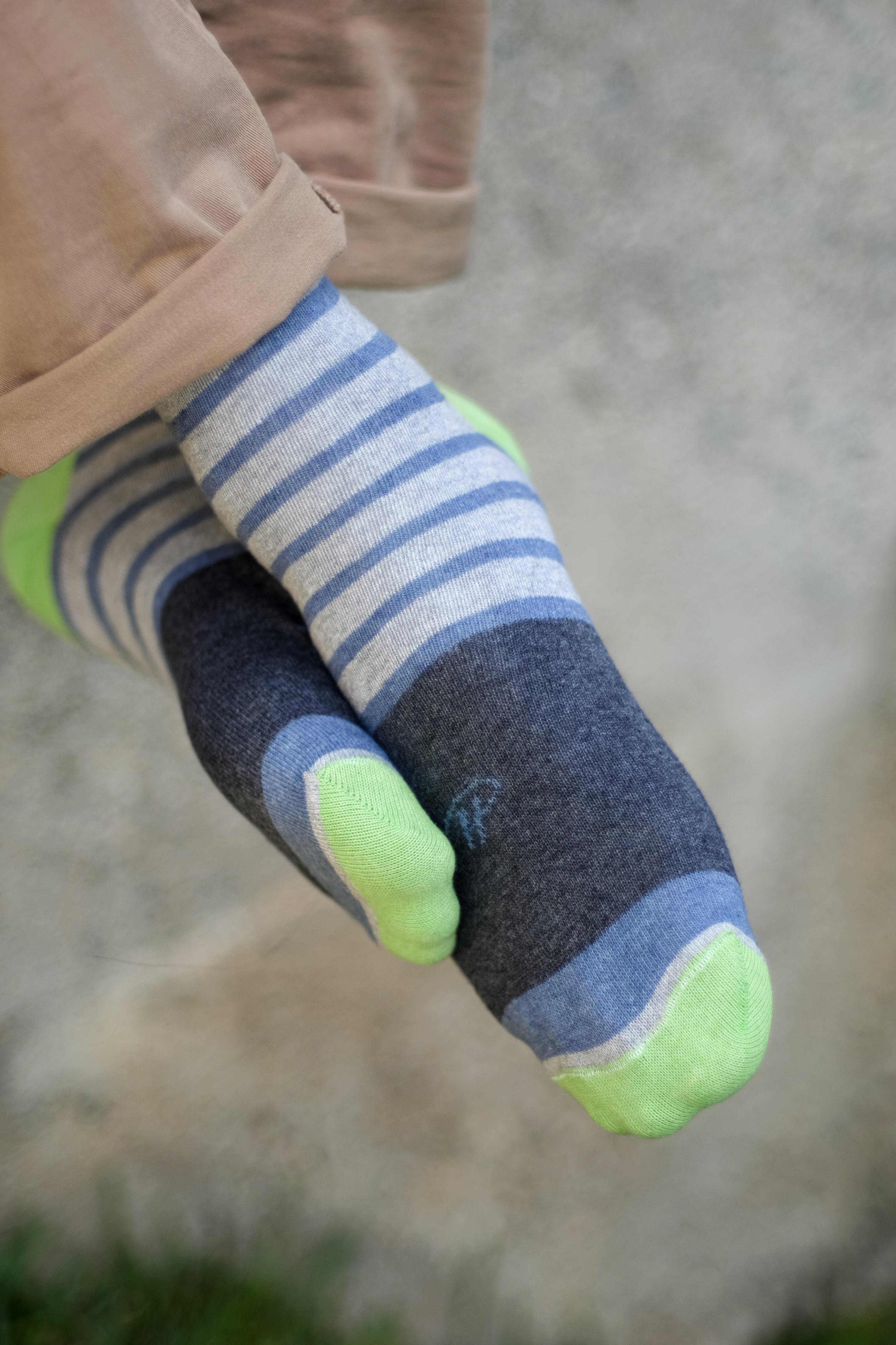 light grey over the calf dress socks with blue stripes lime green toe and heel 