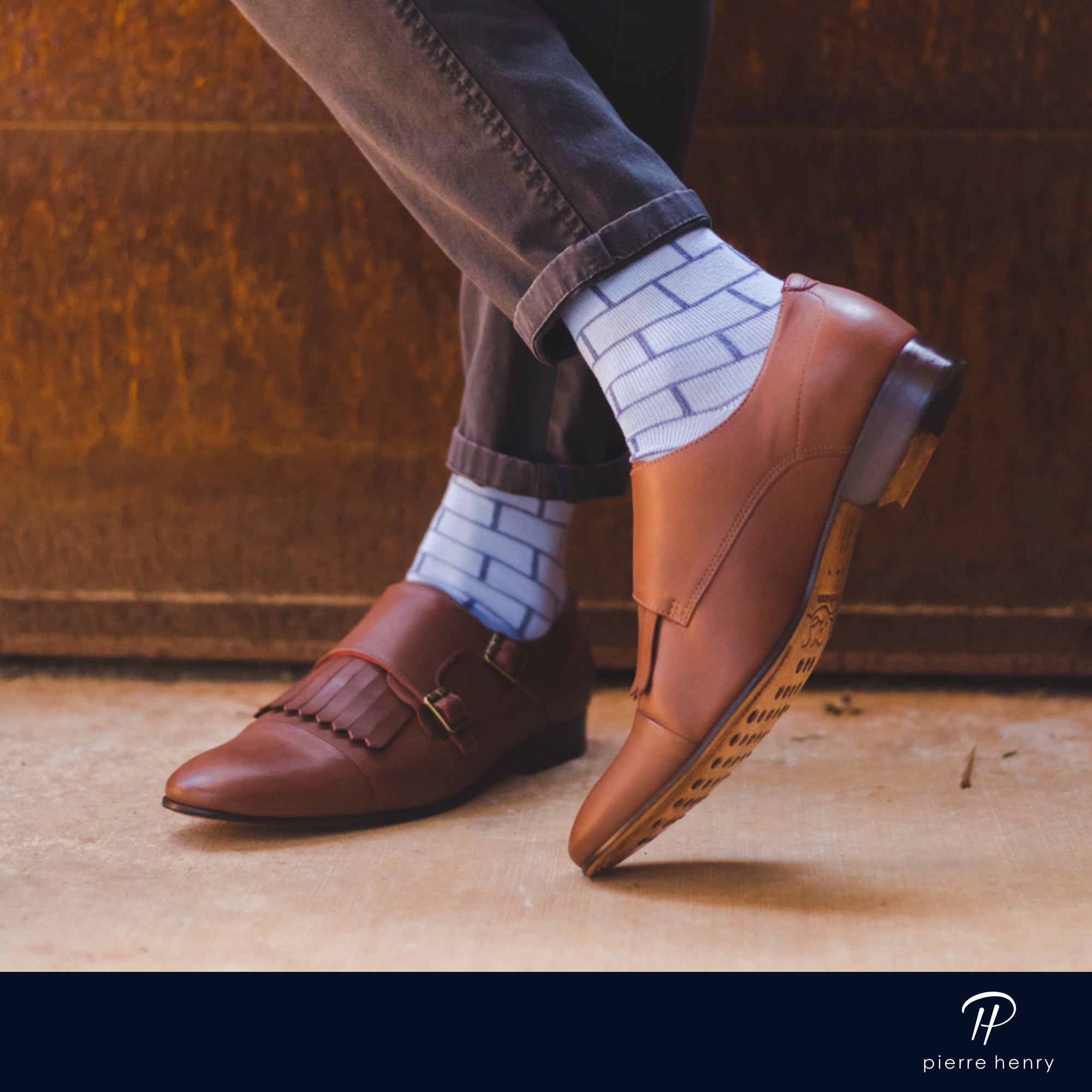 light blue over the calf dress socks with blue line brick pattern, light brown shoes, black washed pants