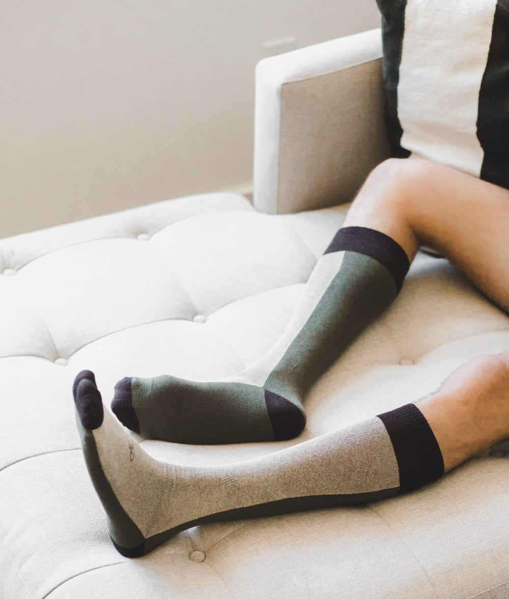light brown over the calf dress socks with green stripe and black toe heel and top