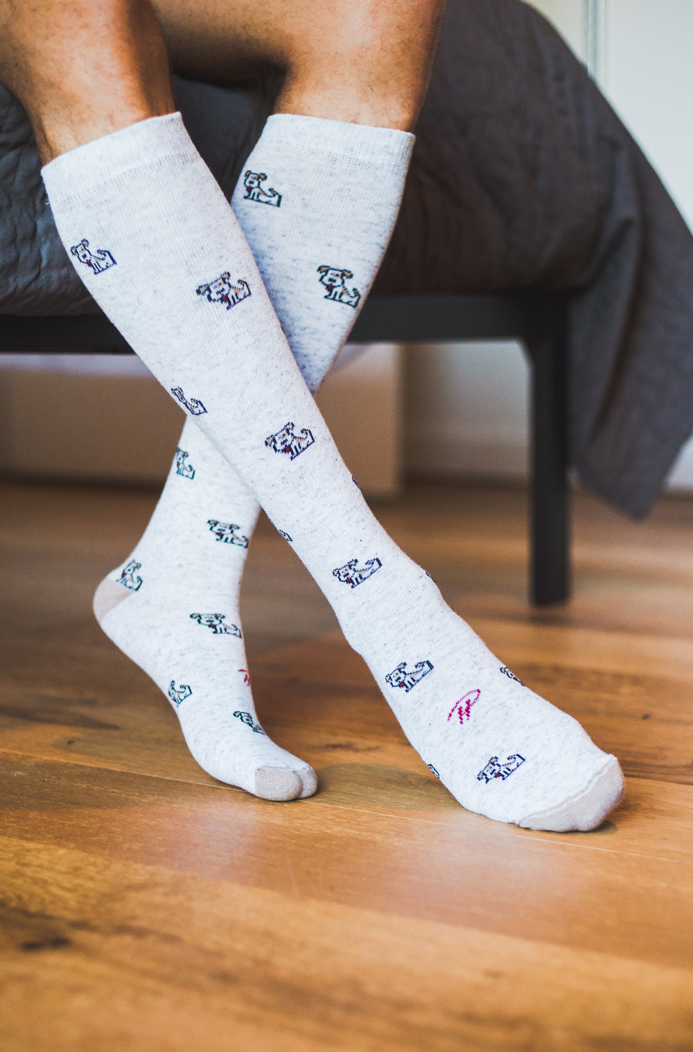 light grey over the calf dress socks with dog prints