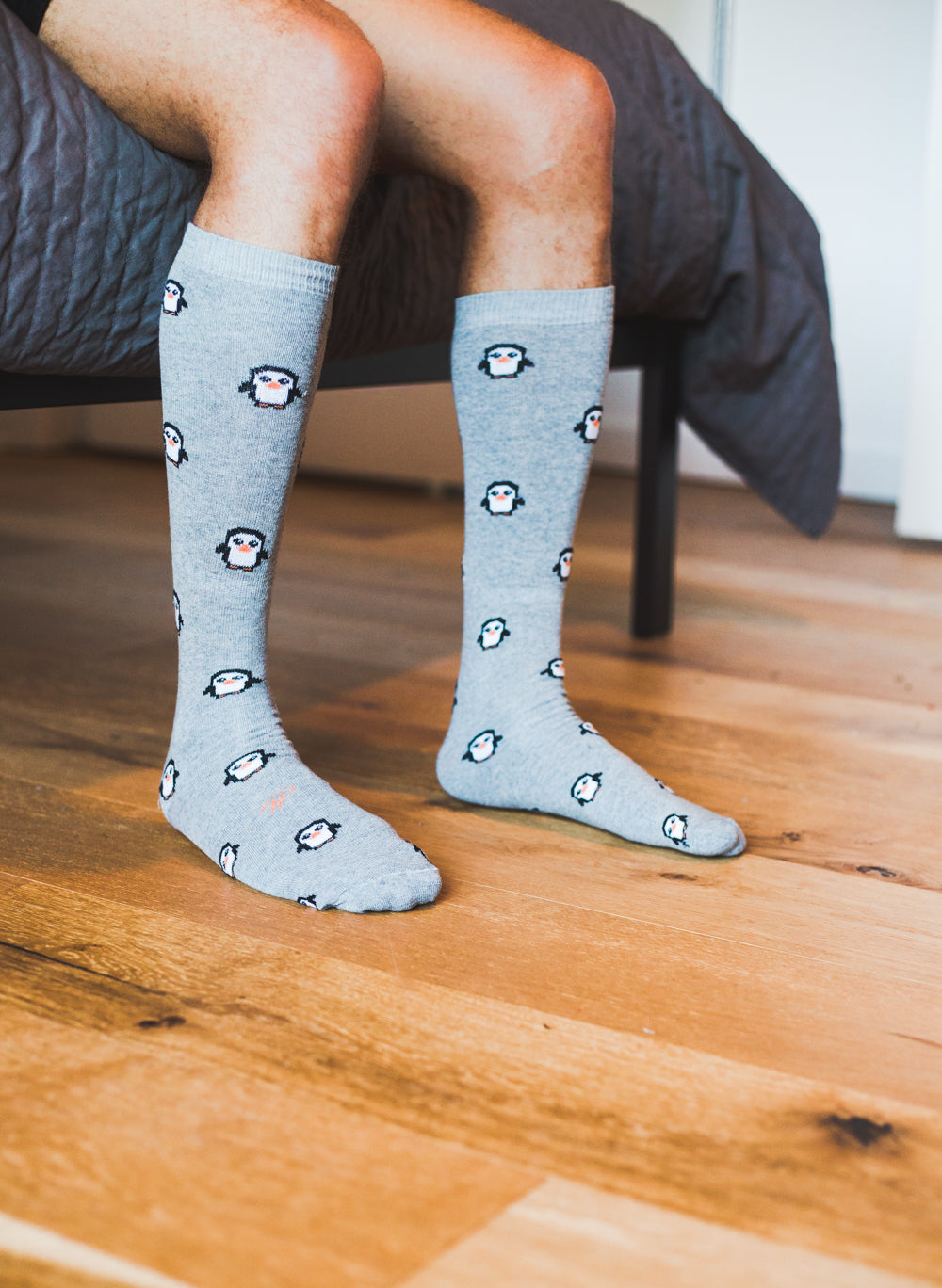 grey over the calf dress socks with penguin prints