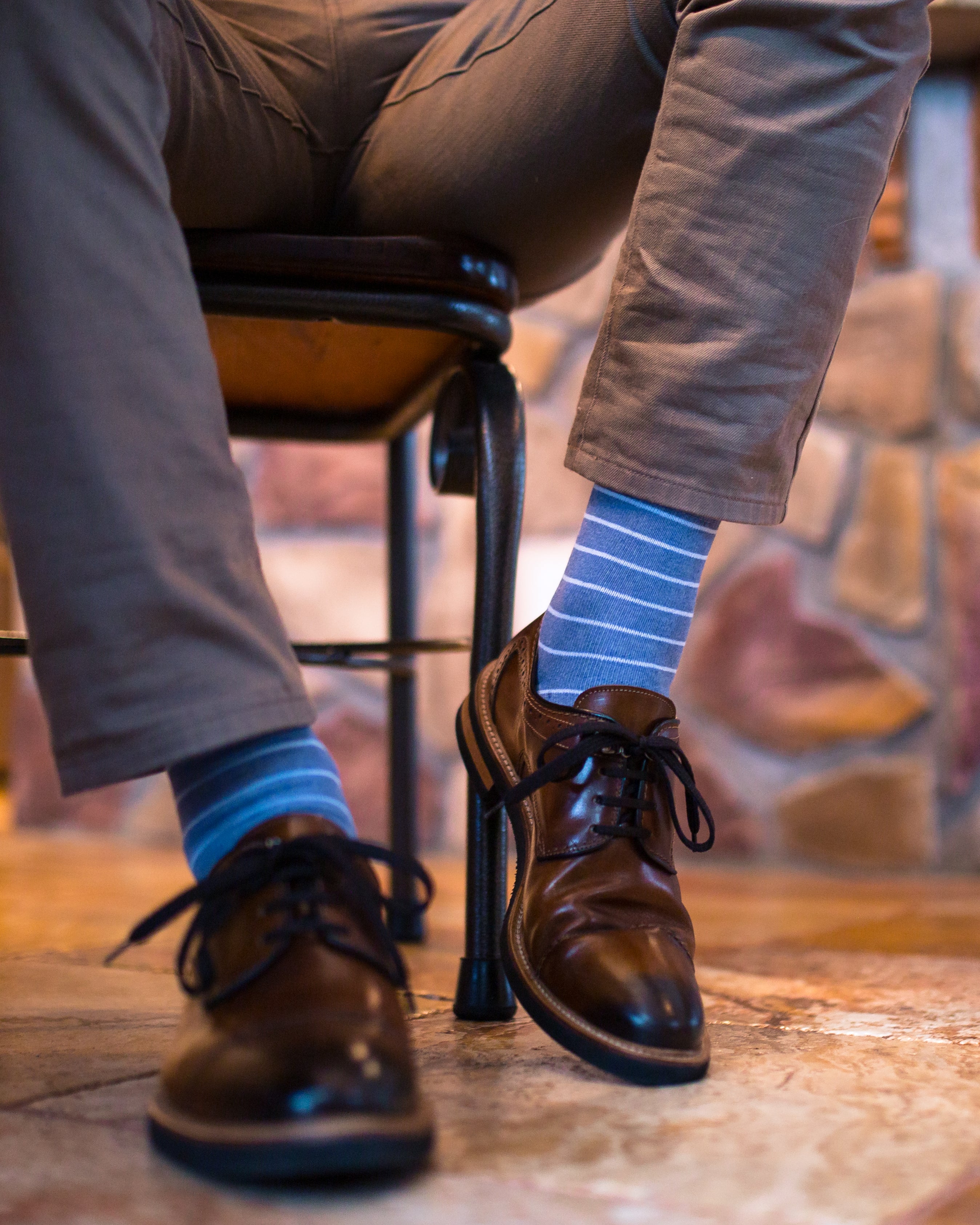 blue over the calf dress socks with light blue stripes, brown dress socks, beige pants