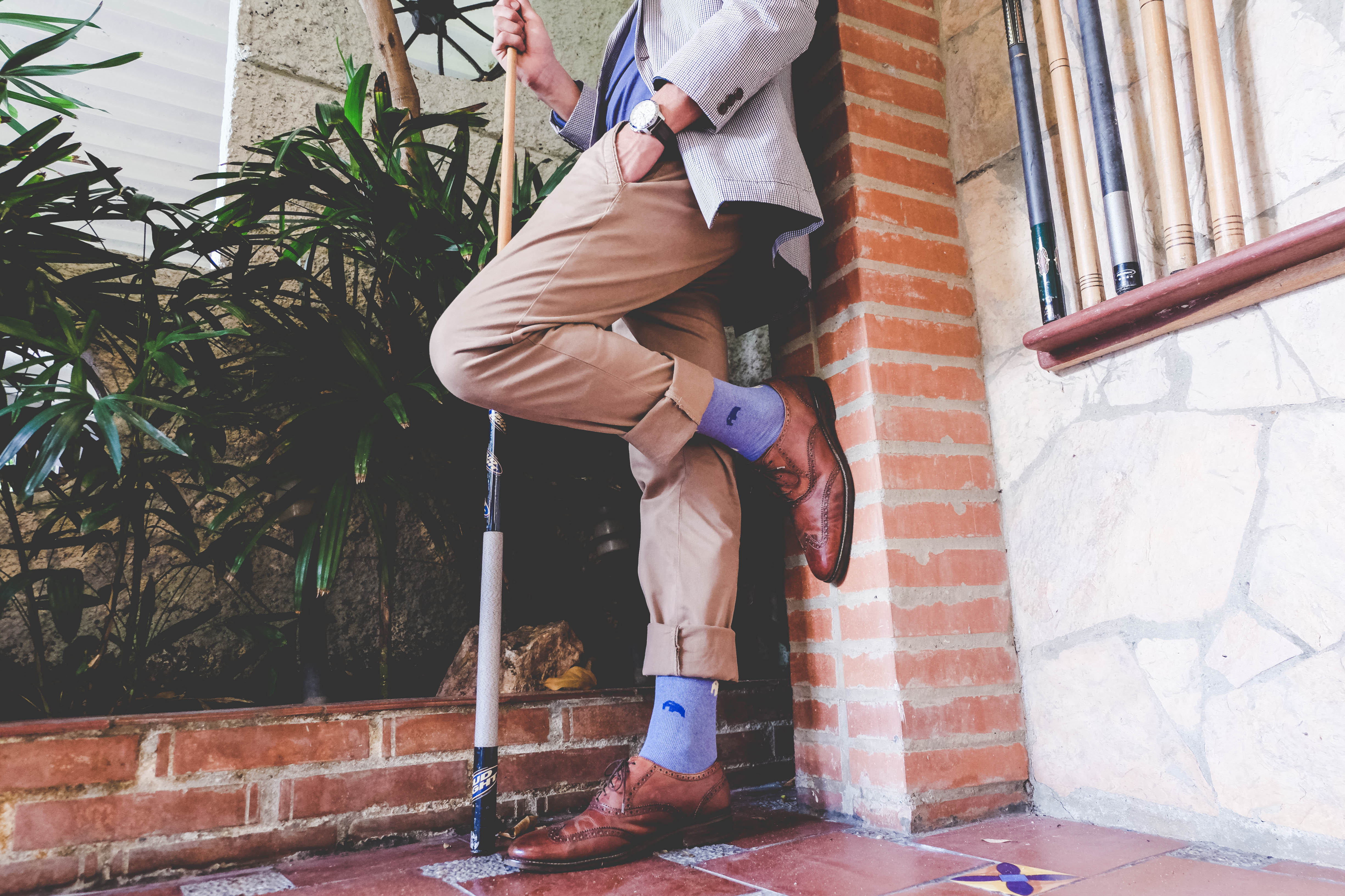 blue over the calf dress socks with colored elephant pattern, brown dress socks, beige pants, watch, button down dress shirt