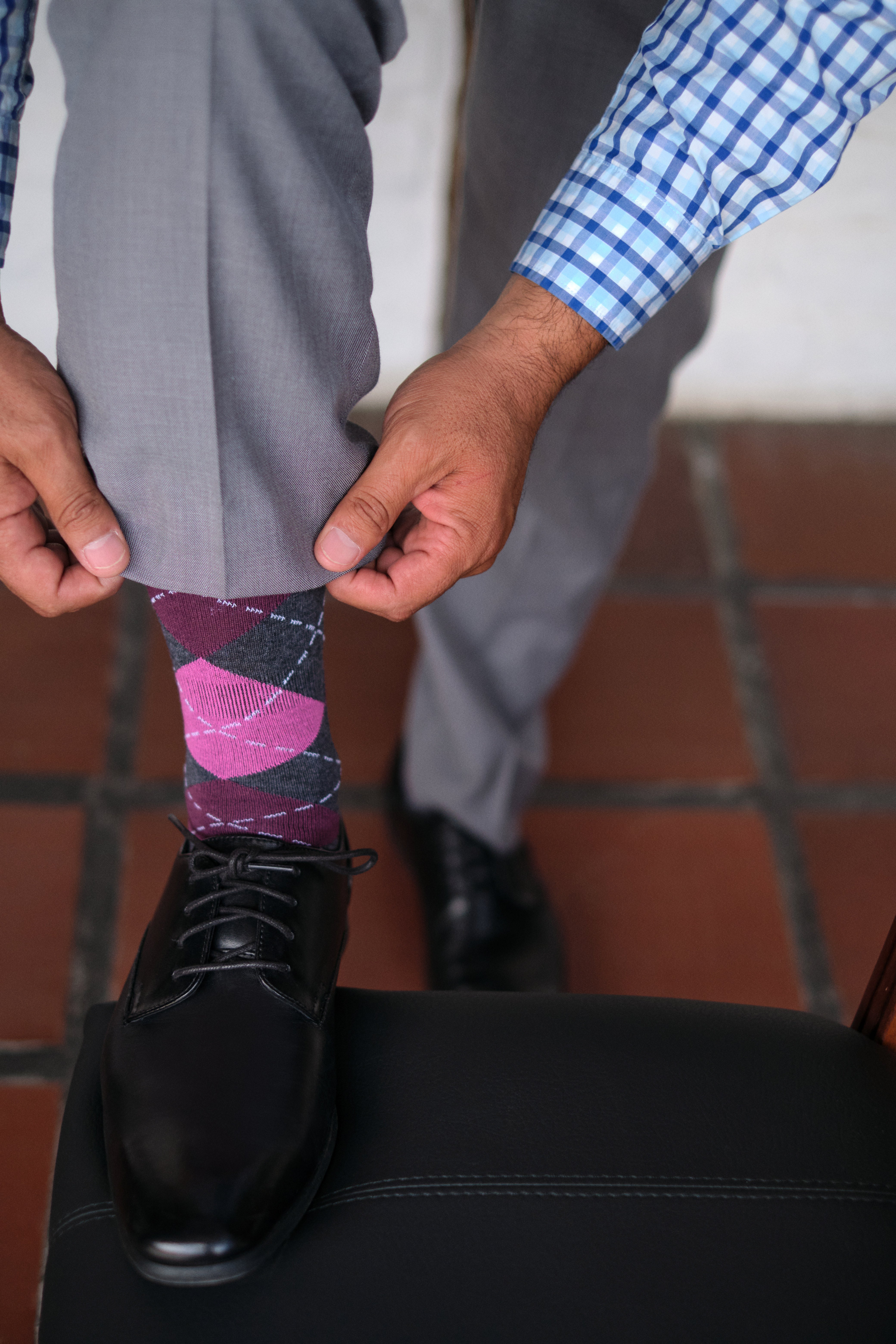argyle pink grey and burgundy mid calf dress socks, dress shoes black, grey dress shoes