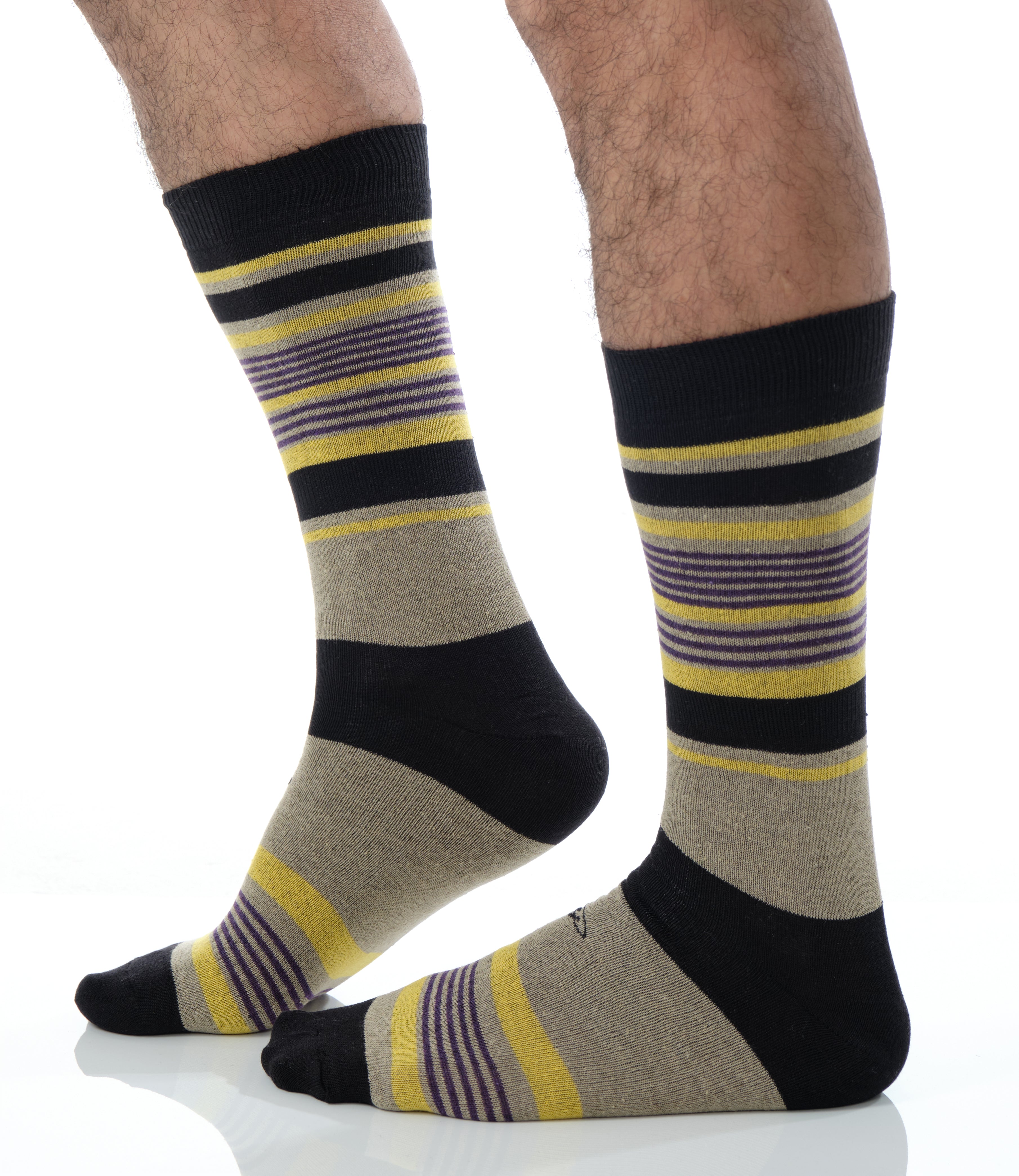 beige mid calf dress socks with black yellow and burgundy stripes