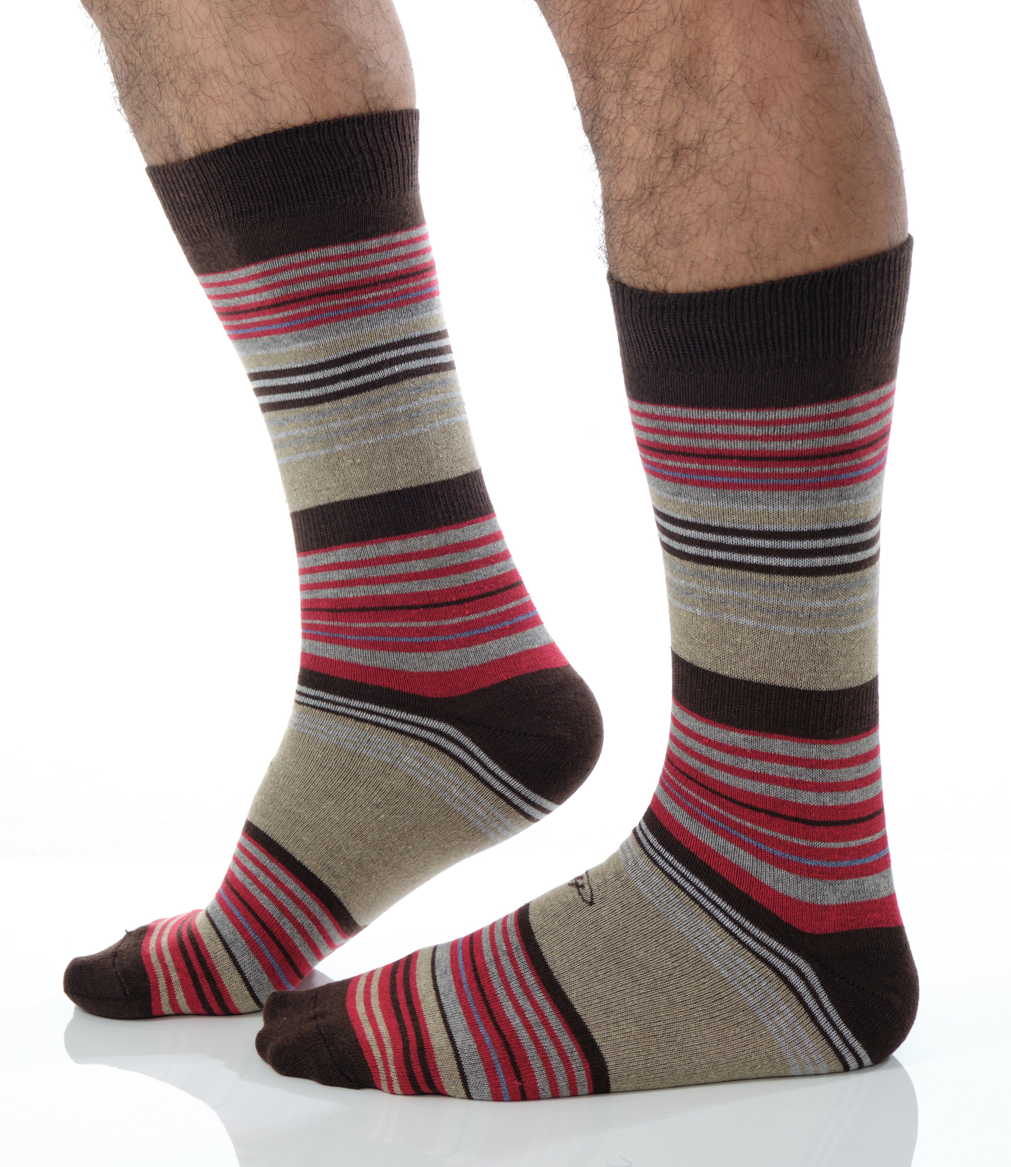 beige mid calf dress socks with red brown and light grey stripes