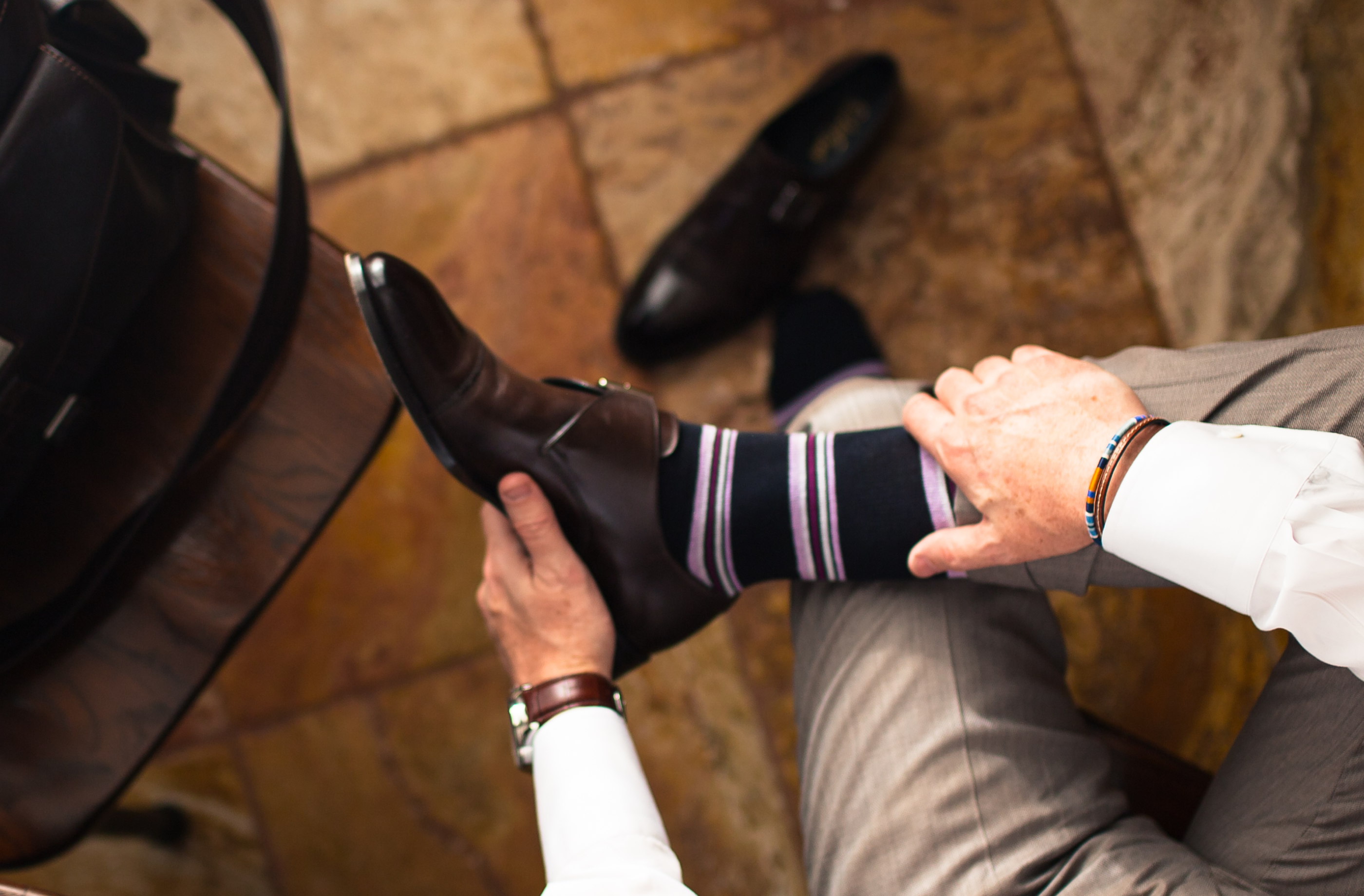 black over the calf dress socks with light pink white and sangria stripes