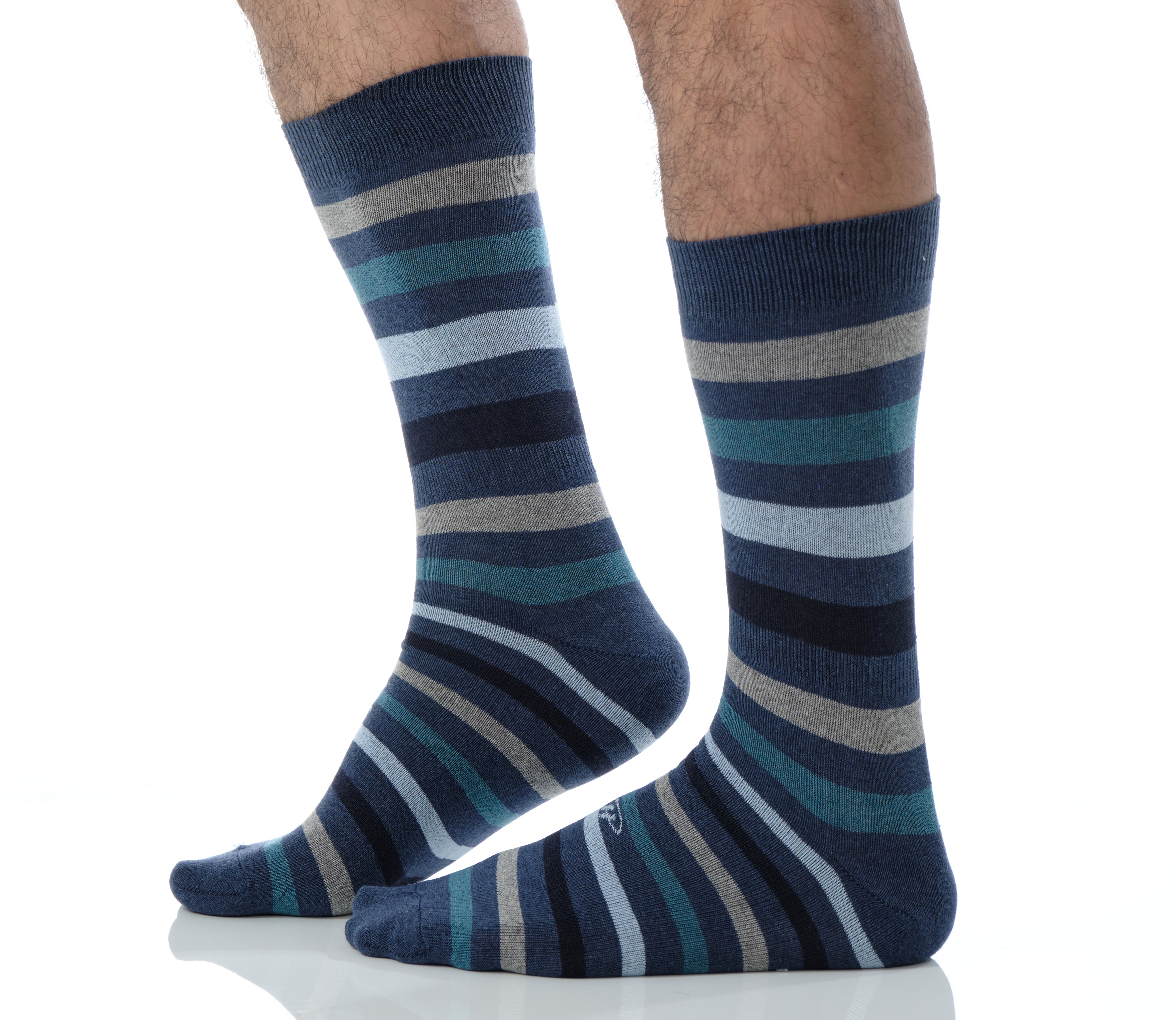 blue mid calf dress socks with beige turquoise and black stripes