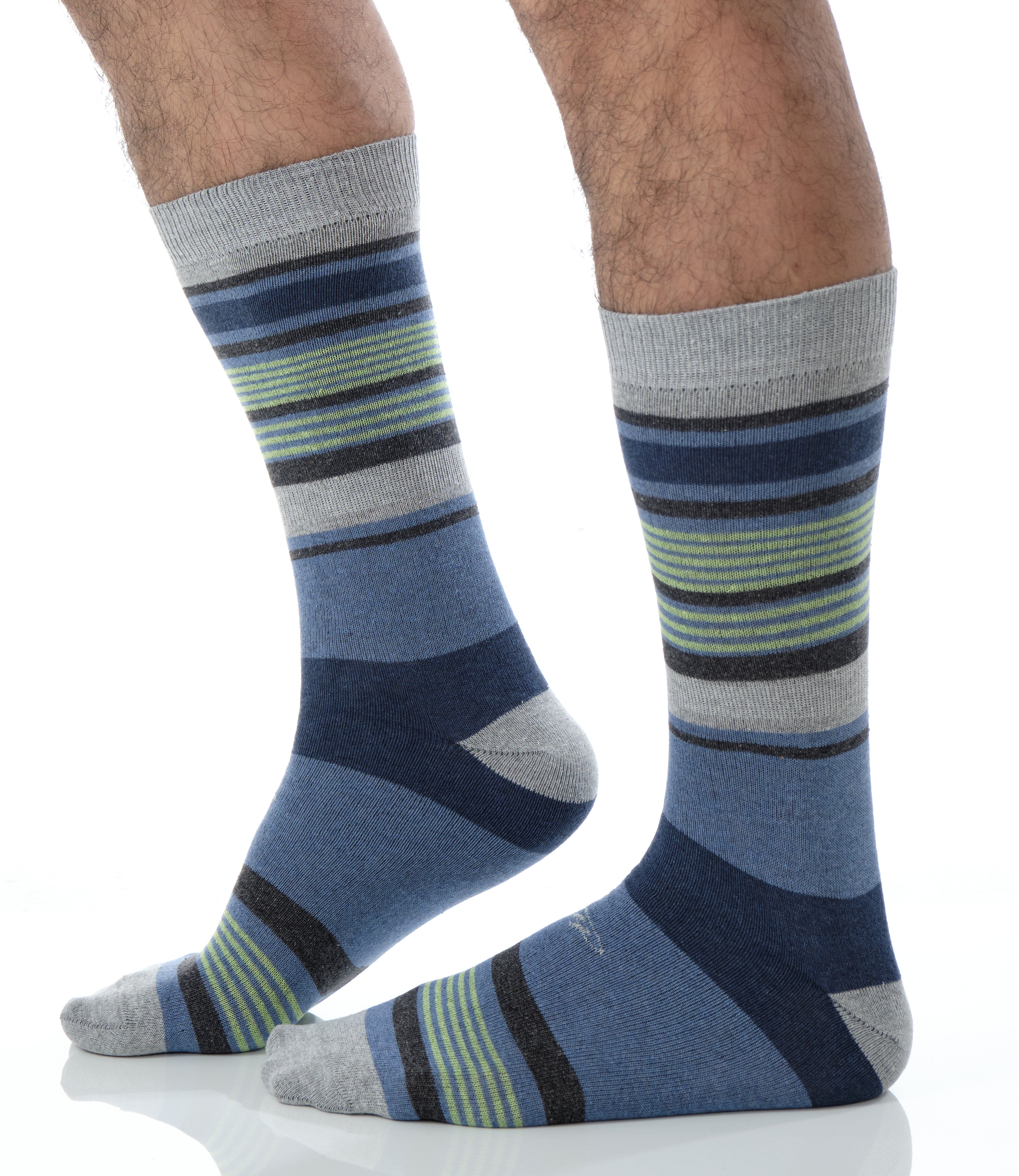 blue mid calf dress socks with light grey navy and lime stripes