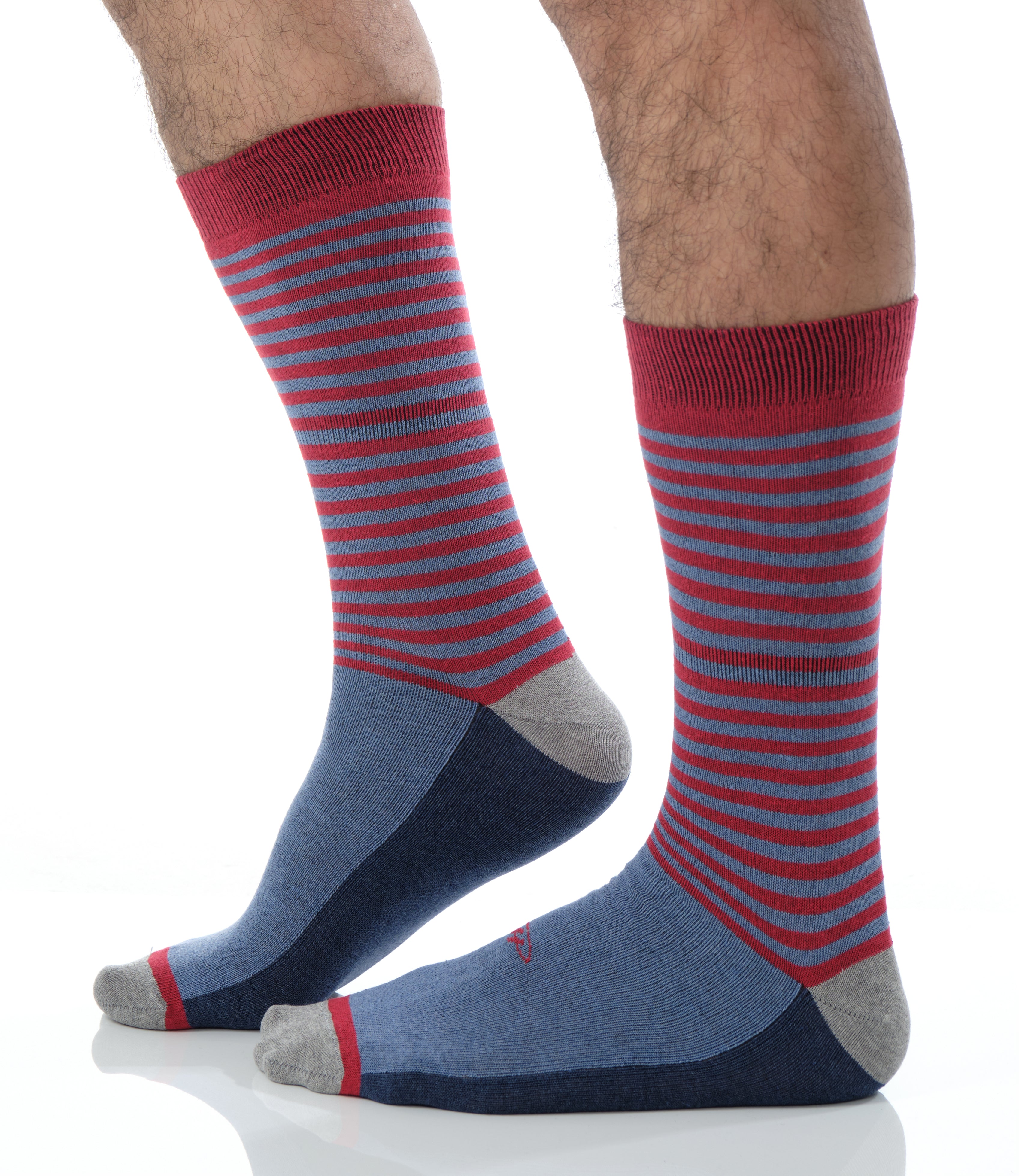 blue mid calf dress socks with red strips