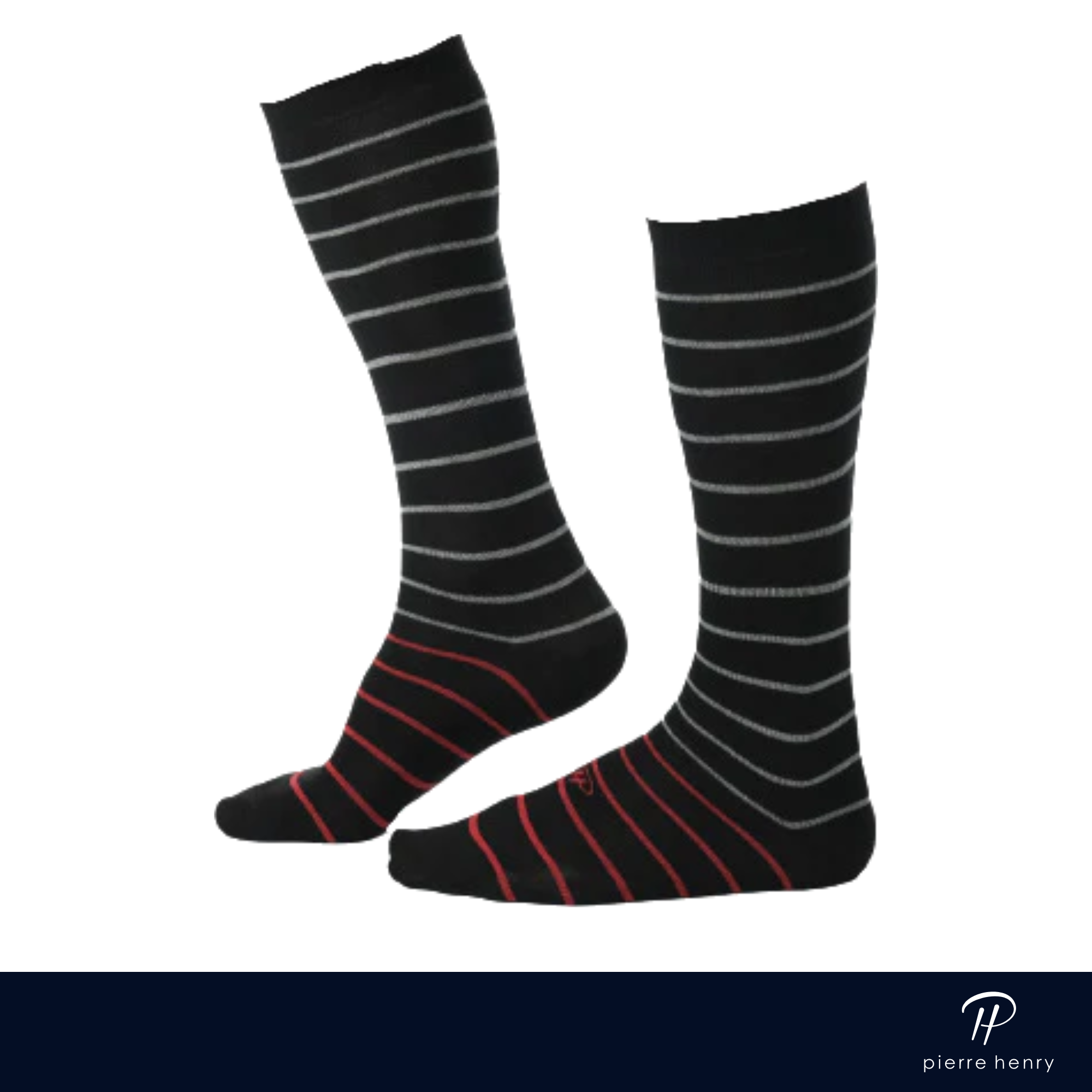 dark brown over the calf dress socks with red striped pattern on foot and white striped pattern above foot