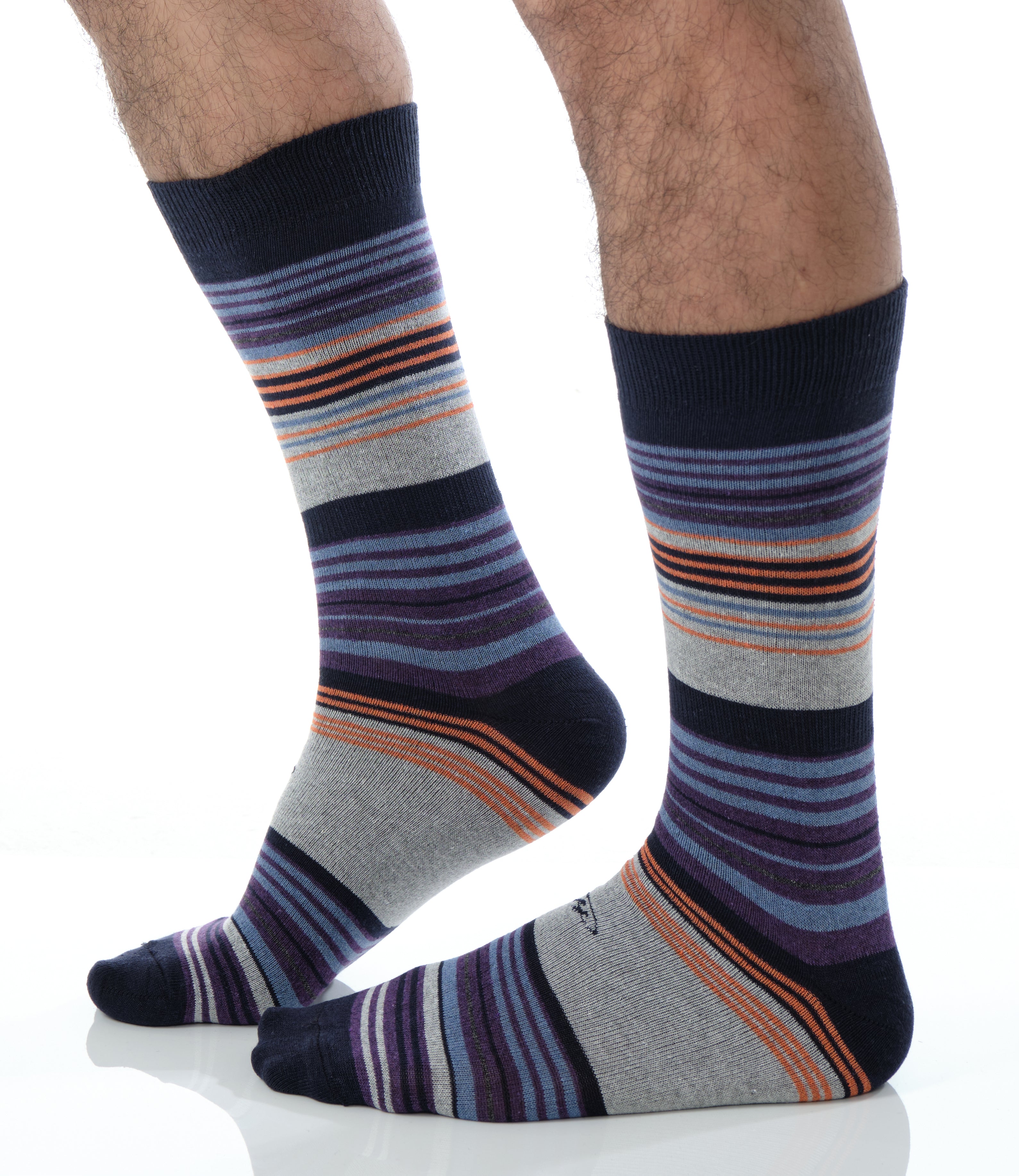 light grey mid calf dress socks with black orange blue and purple stripes
