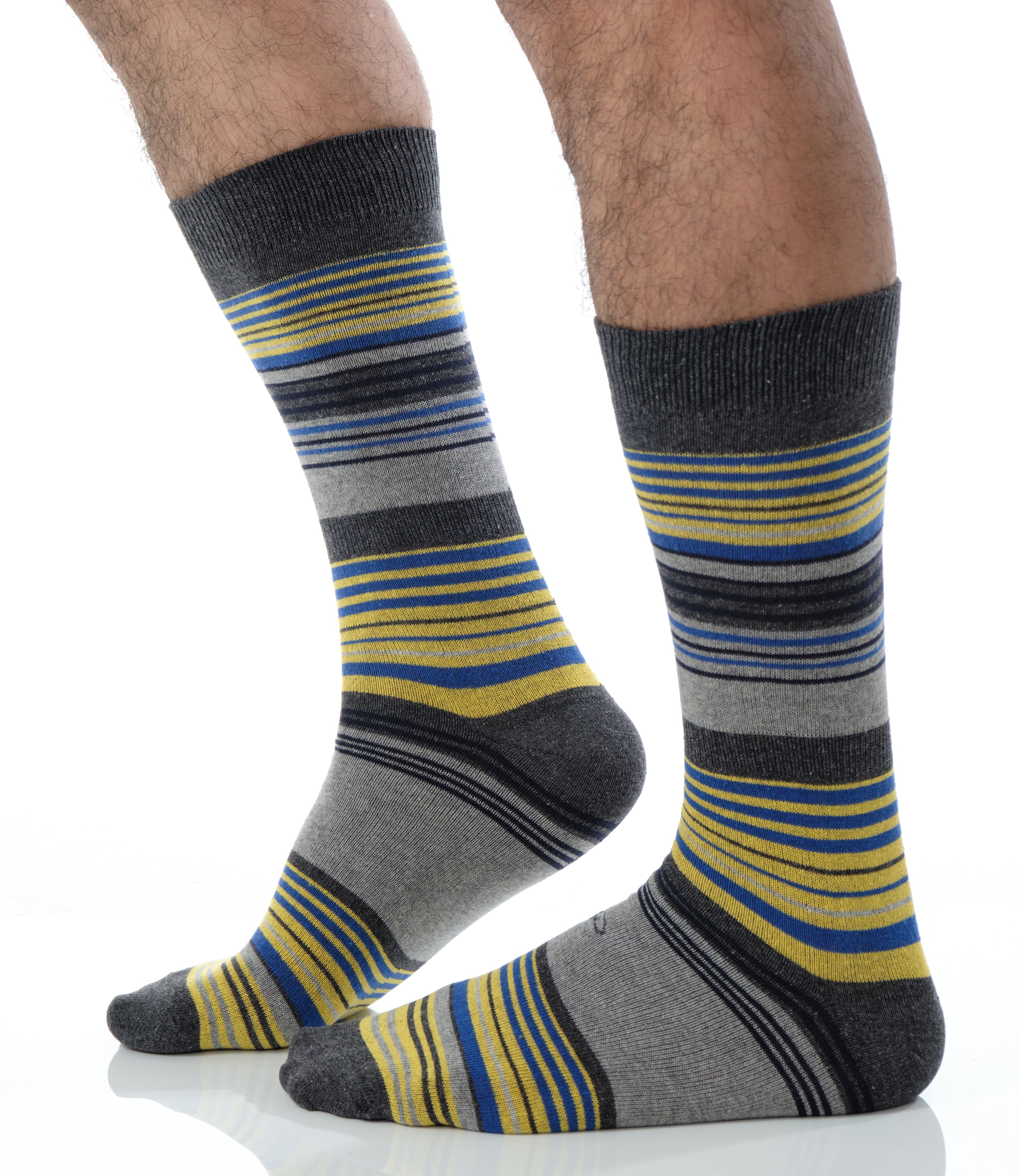 light grey mid calf dress socks with black yellow and blue stripes