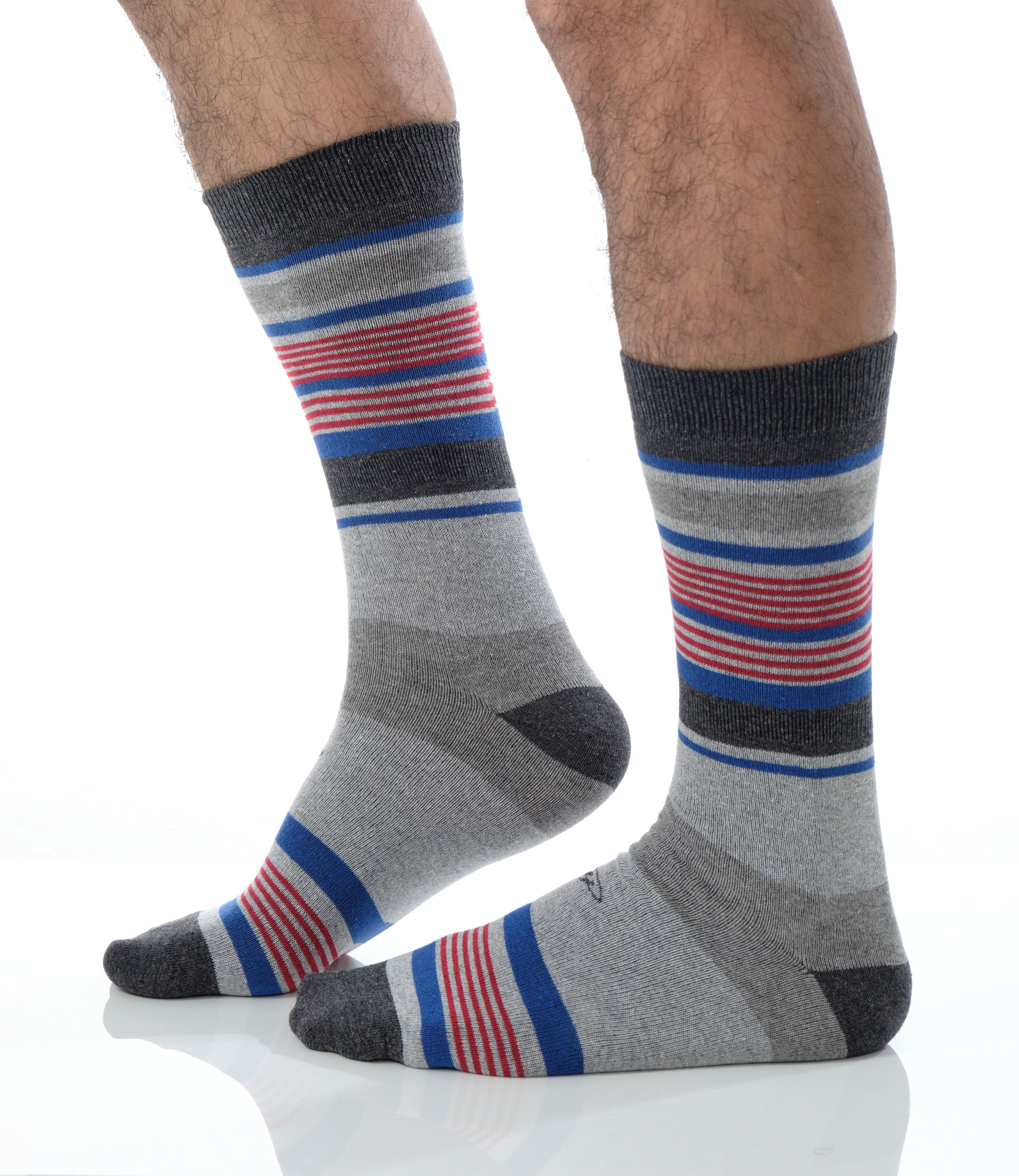 light grey mid calf dress socks with blue red and black stripes
