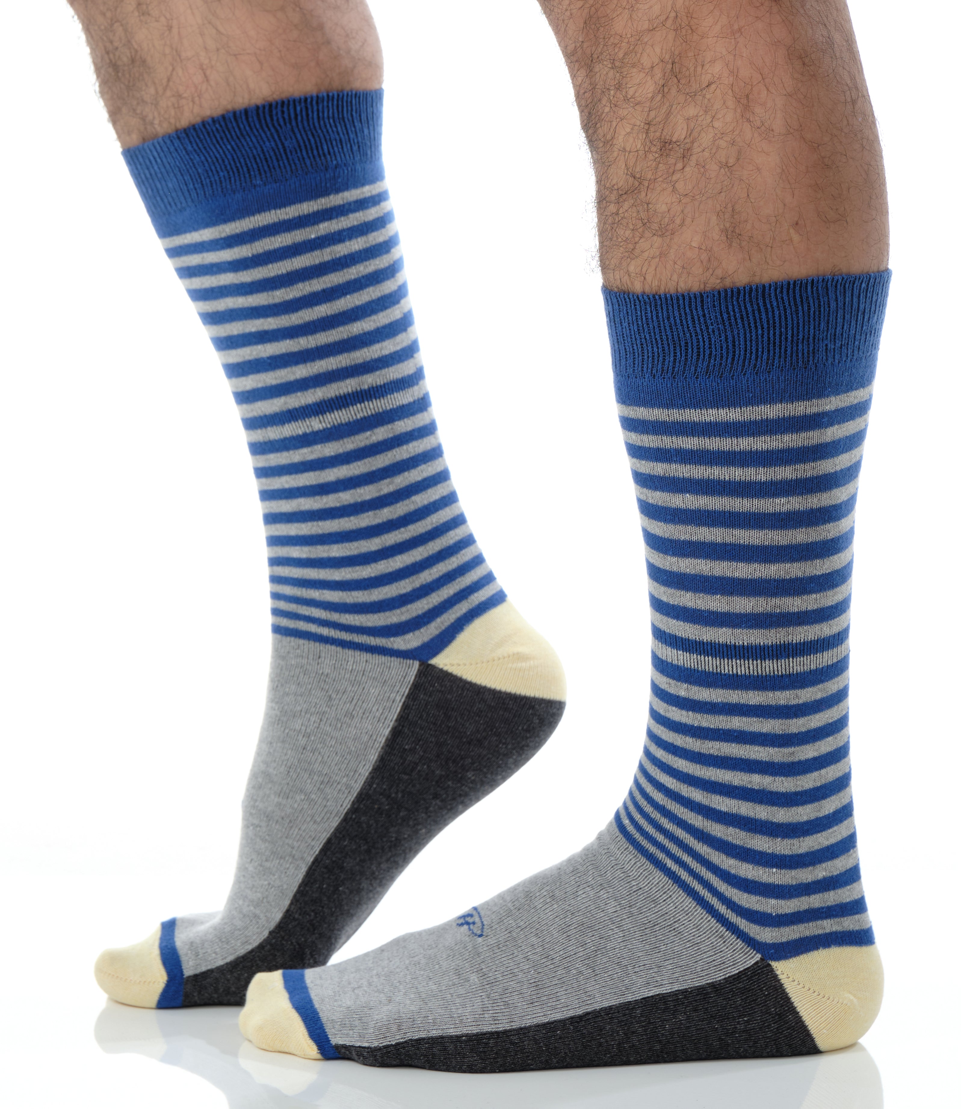 light grey mid calf dress socks with blue stripes