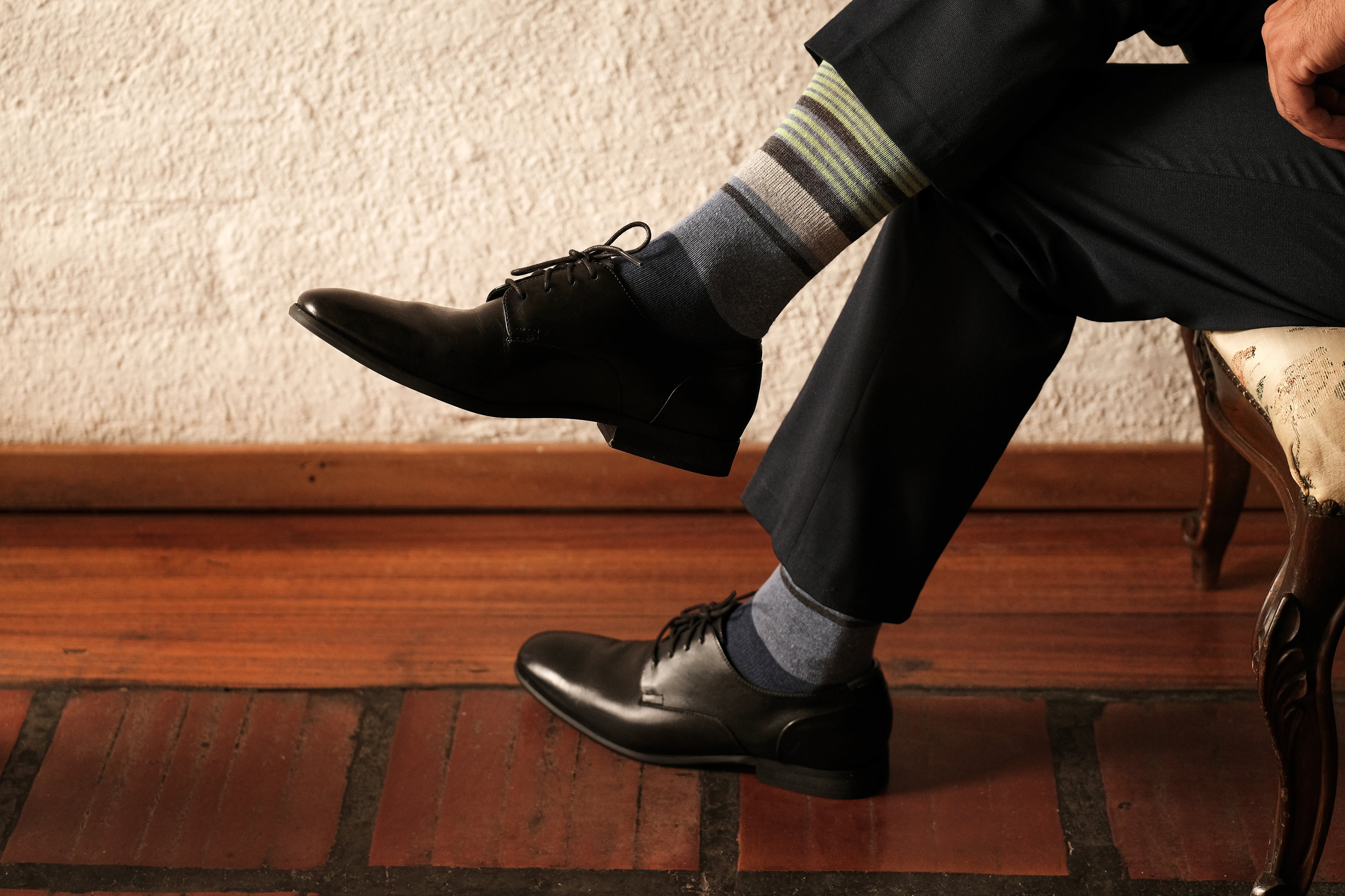 light grey mid calf dress socks with brown beige and lime stripes