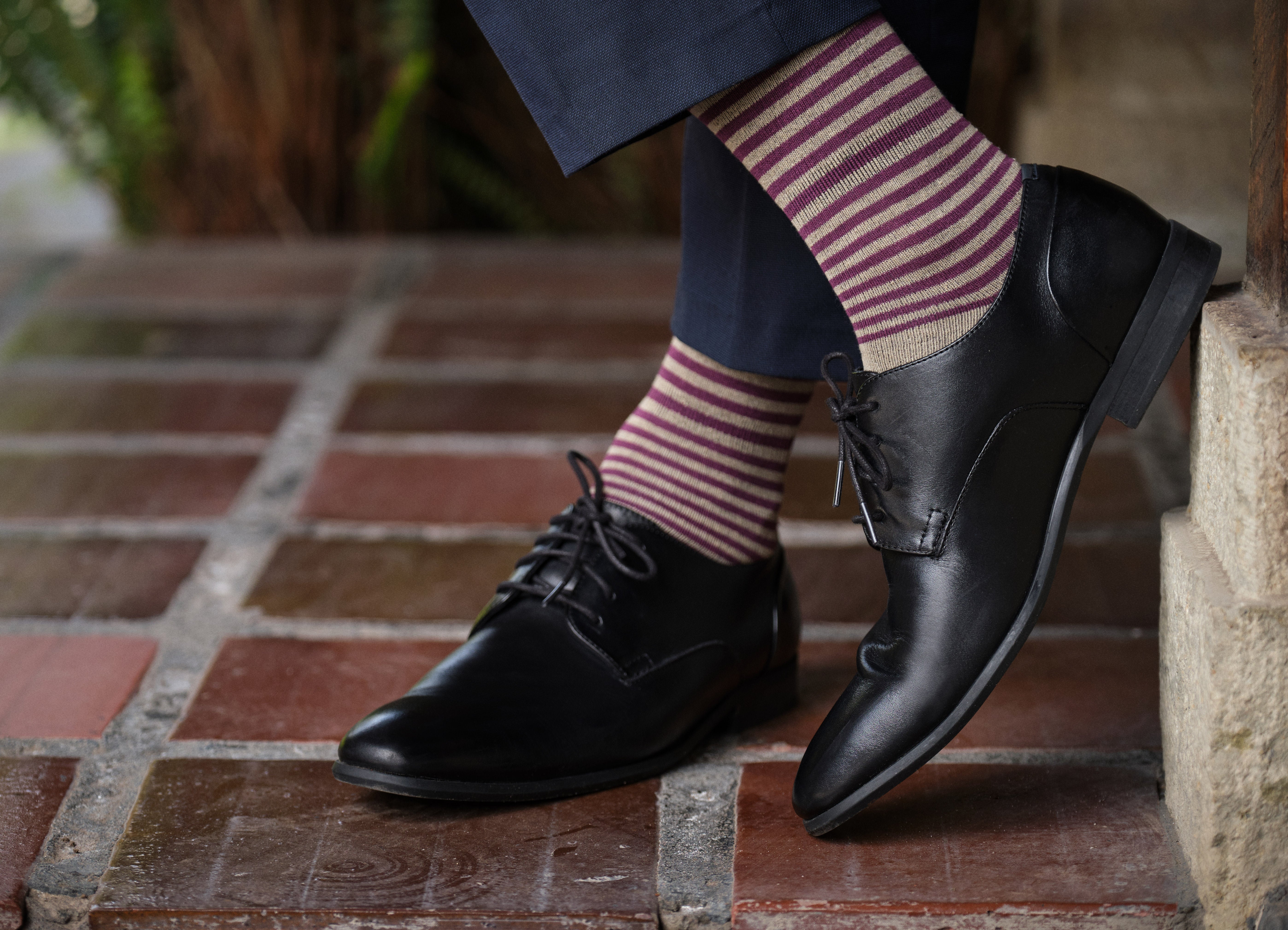 light grey mid calf dress socks with burgundy stripes, black dress shoes, navy dress pants