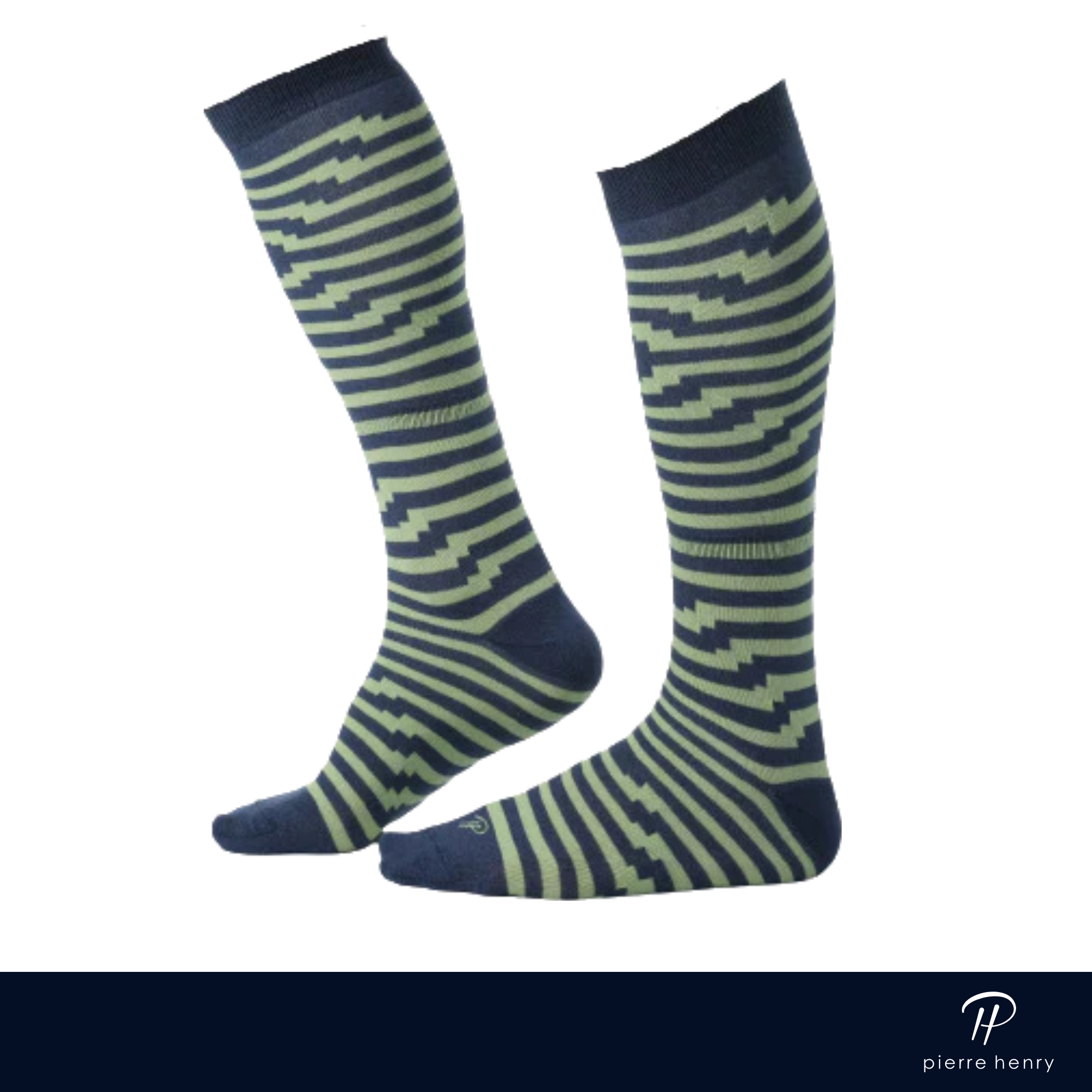 navy blue over the calf dress socks with greenish grey unaligned striped pattern