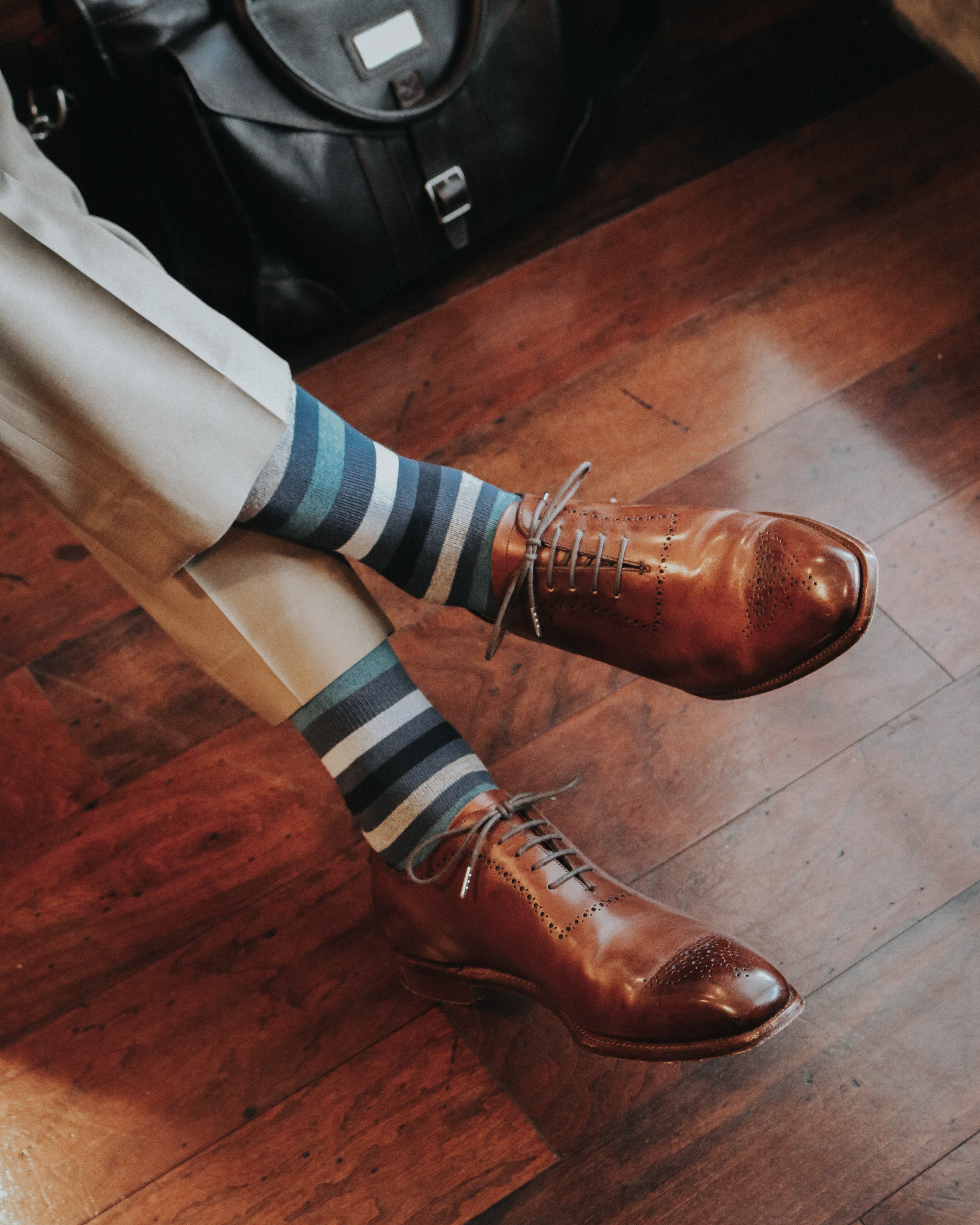 striped grey black beige and greenish grey over the calf dress socks