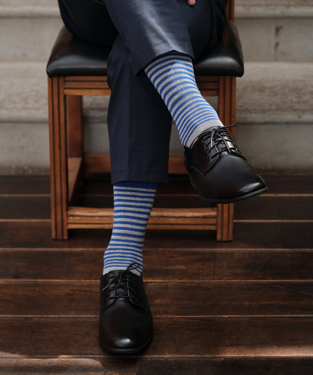 striped over the calf blue and light grey dress sock