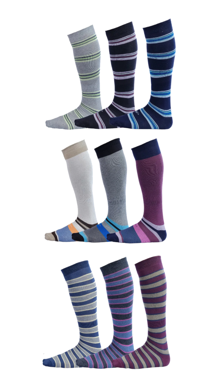 Blue, Burgundy, and Green Stripes on Cotton Over the Calf Dress Socks