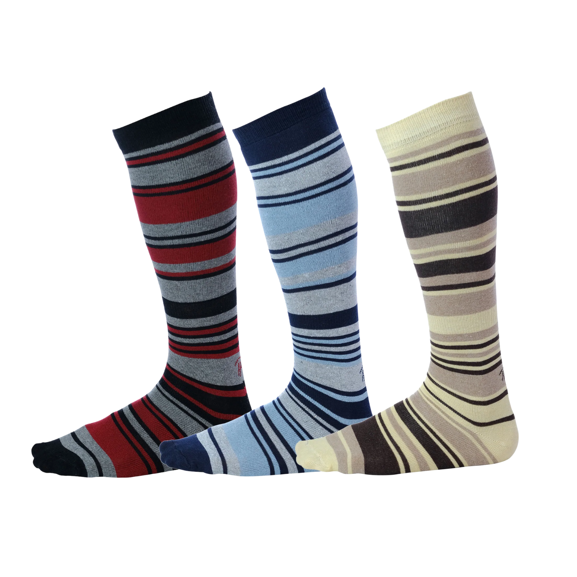 red grey and black striped dress socks, navy light grey and light blue striped dress socks, beige brown and yellow striped dress socks