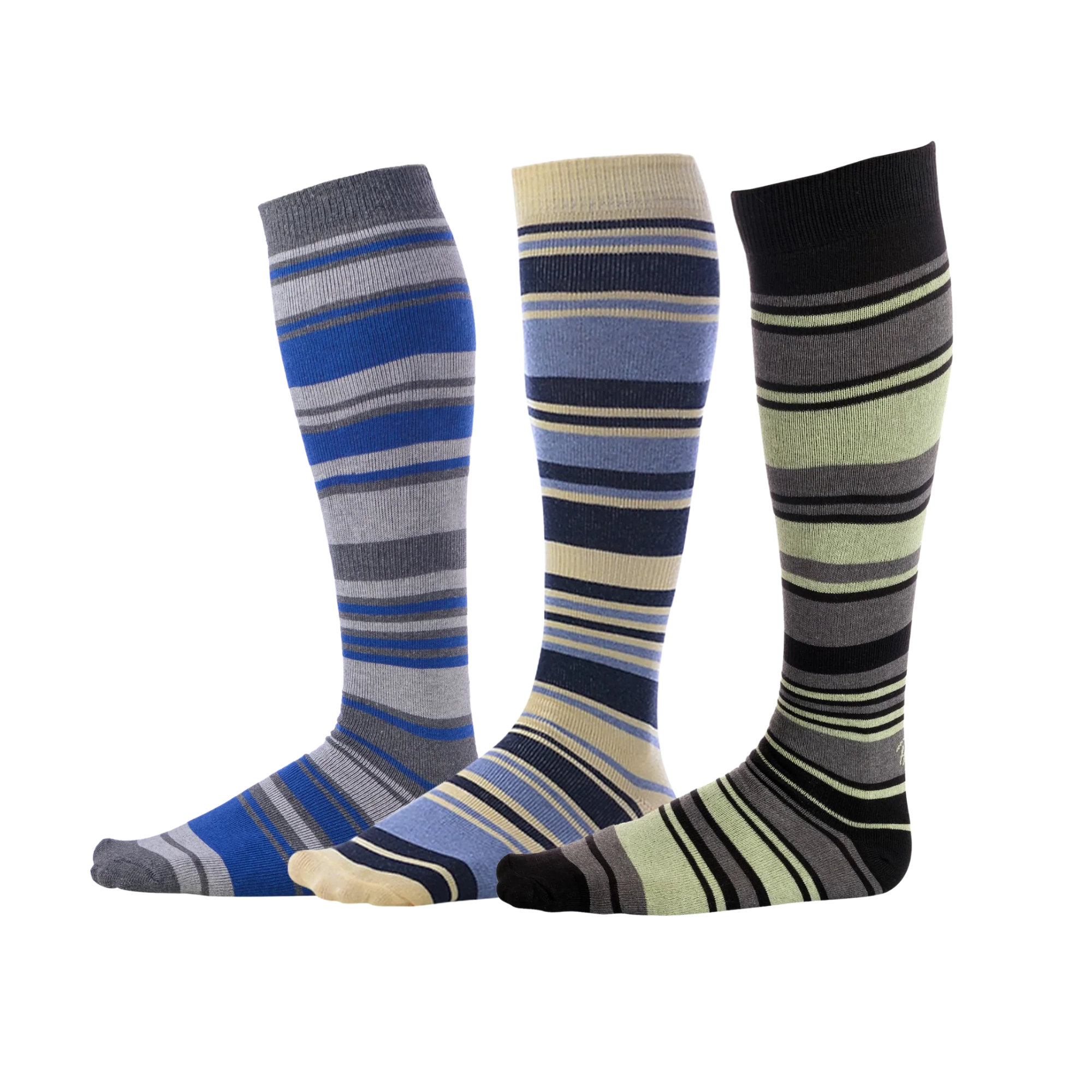 light grey blue and grey striped dress socks, beige blue and navy blue striped dress socks, grey black and green striped dress socks