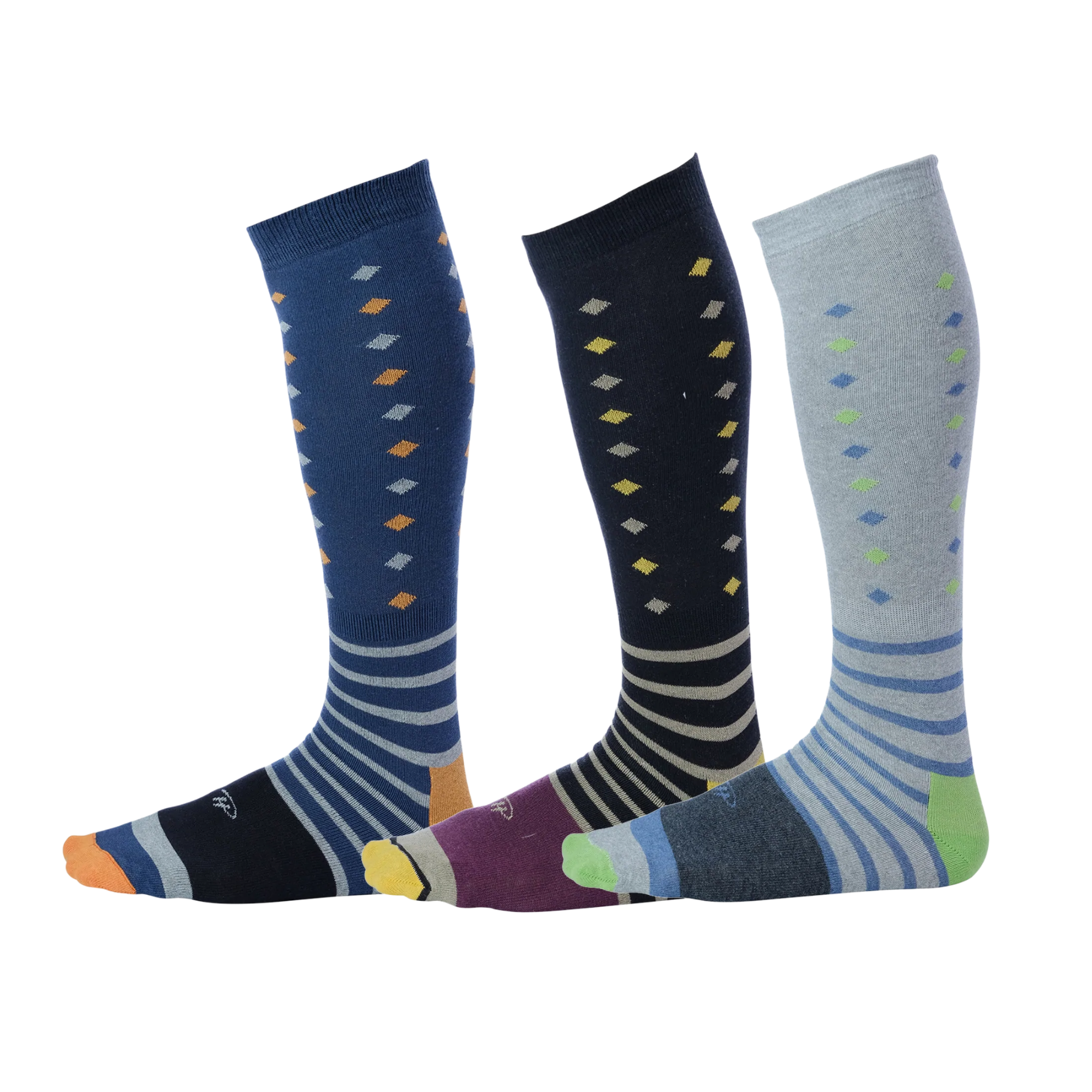 blue dress socks with colored diamonds and stripes, black dress socks with colored diamonds and stripes, light grey colored diamonds and stripes