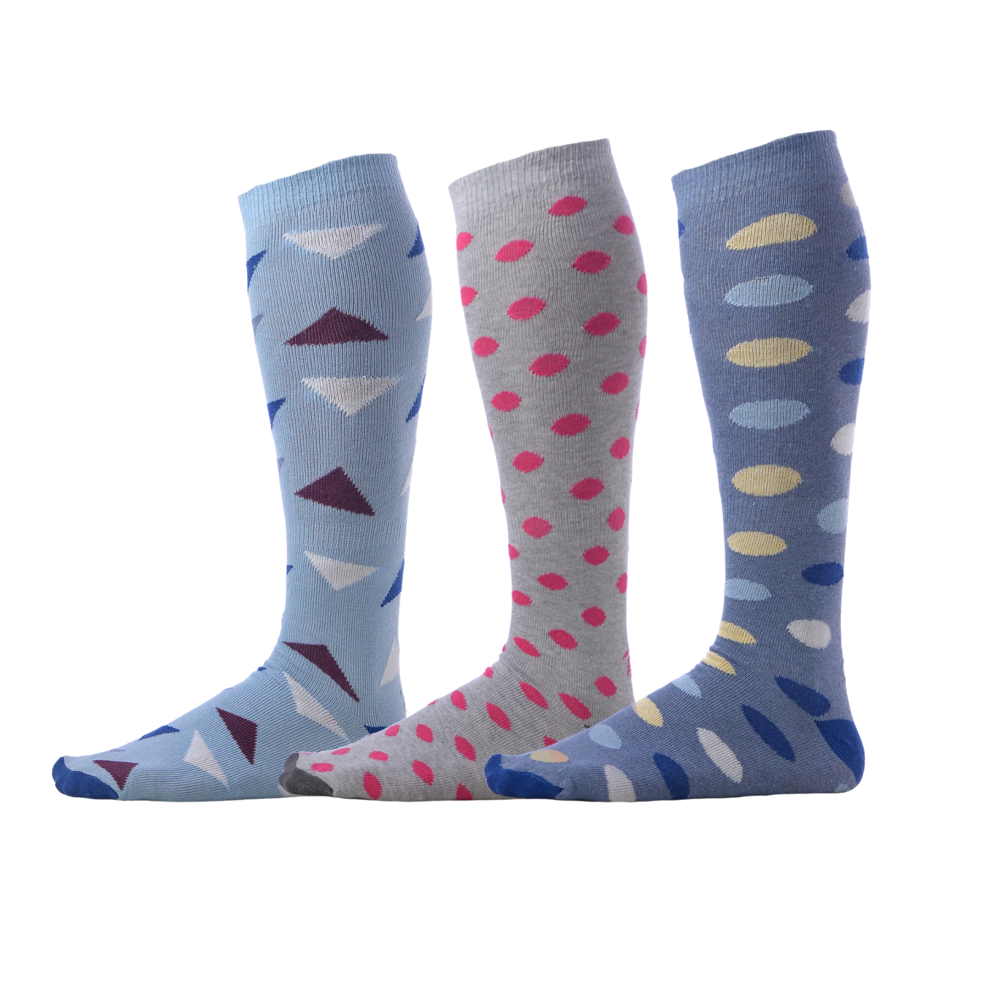 light blue dress socks with colored triangles, light grey dress socks with pink polka dots, blue dress socks with colored ovals