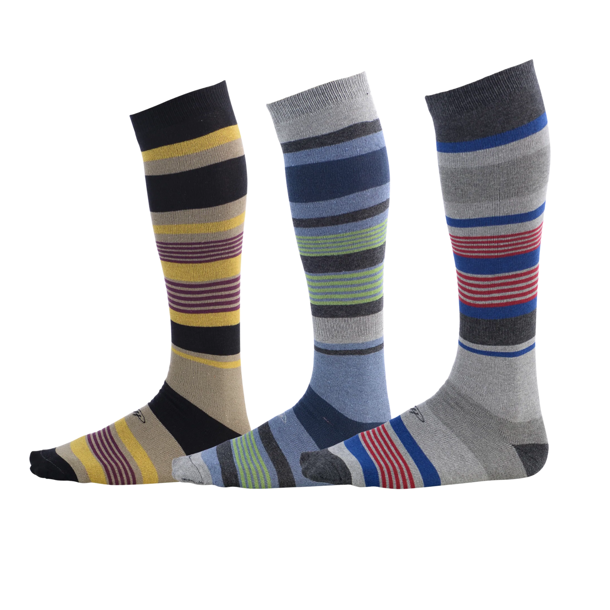beige dress socks with colored stripes, blue dress socks with colored stripes, light grey dress socks with colored stripes