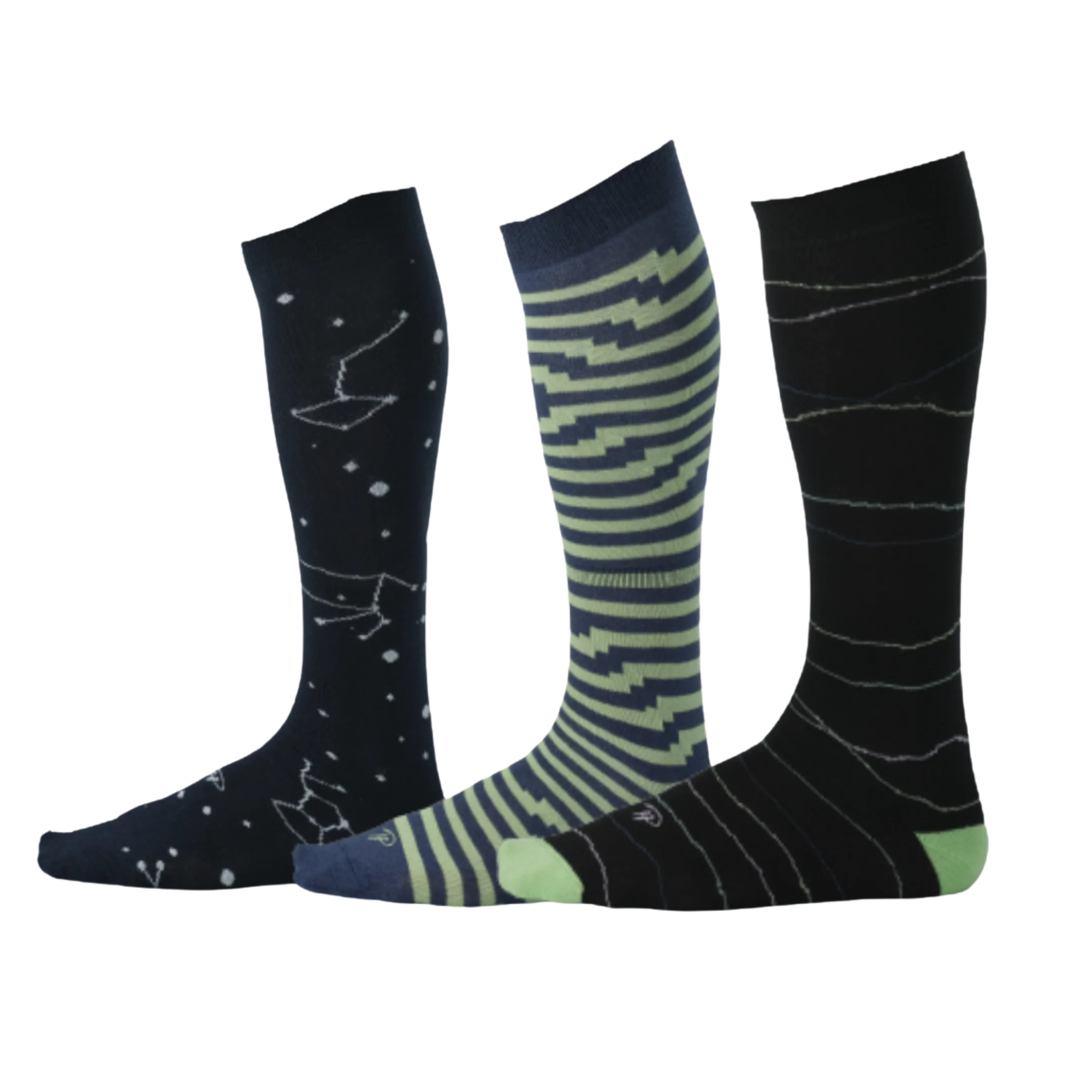 navy blue dress socks with constellations, blue dress socks with green stripes, black dress socks with green squiggly lines 