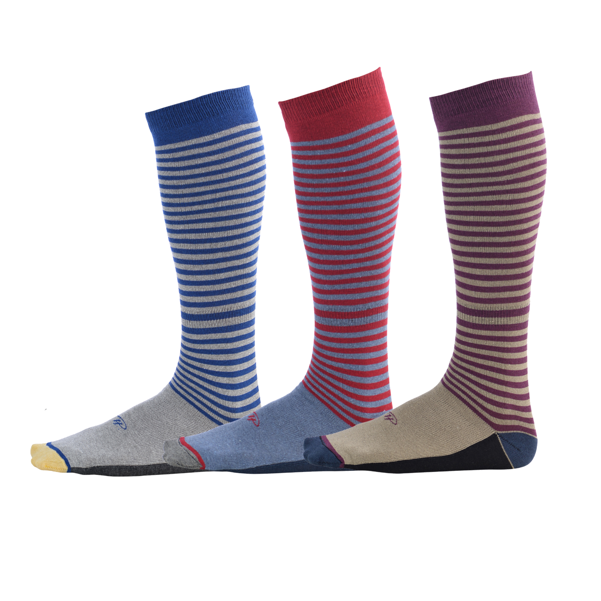 light grey dress socks with blue stripes, light blue dress socks with red stripes, beige dress socks with burgundy stripes