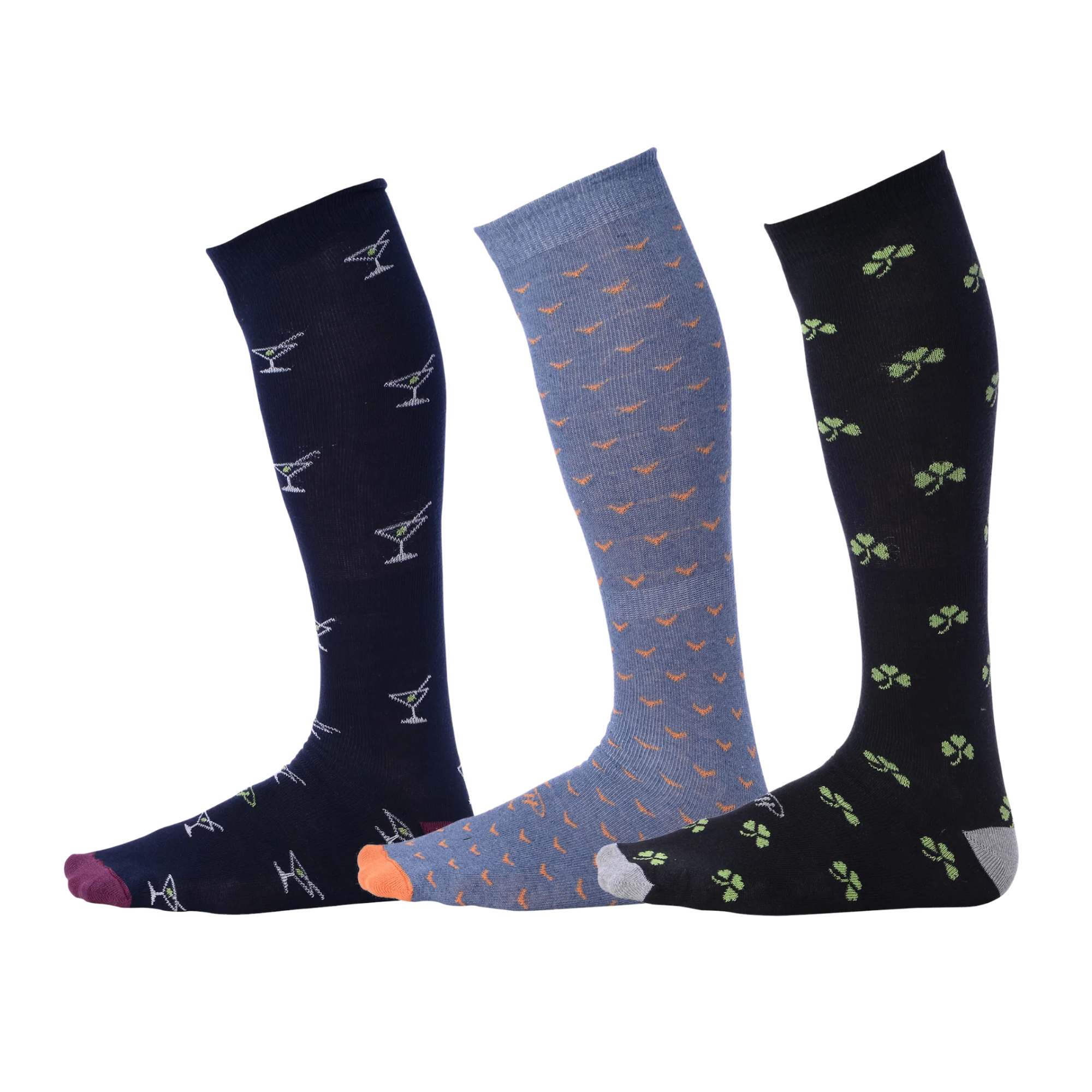 navy blue dress socks with cocktail prints, blue dress socks with orange birds, black dress socks with clover prints